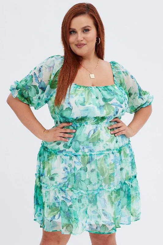 Green Floral Mini Dress Short Puff Sleeve Chiffon Frill