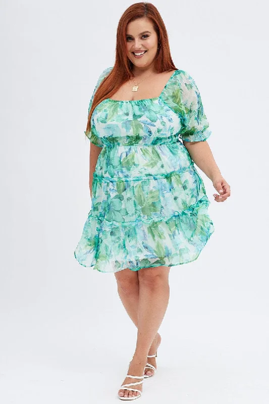 Green Floral Mini Dress Short Puff Sleeve Chiffon Frill