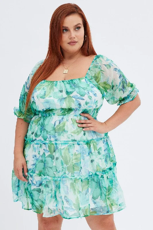 Green Floral Mini Dress Short Puff Sleeve Chiffon Frill