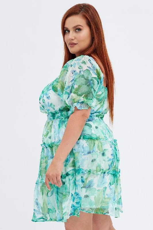 Green Floral Mini Dress Short Puff Sleeve Chiffon Frill