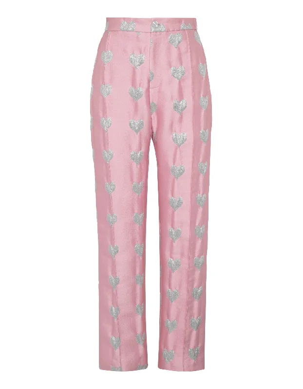 Hetty Pink Heart Print Silk Jacquard Trousers