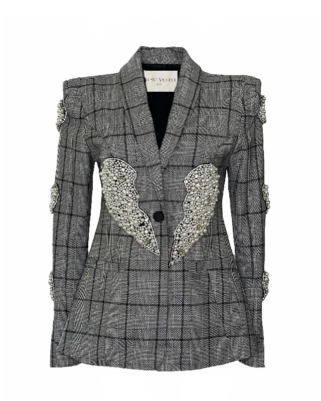 LAUREN BLAZER-   WOOL PLAID with Heart Embroidery