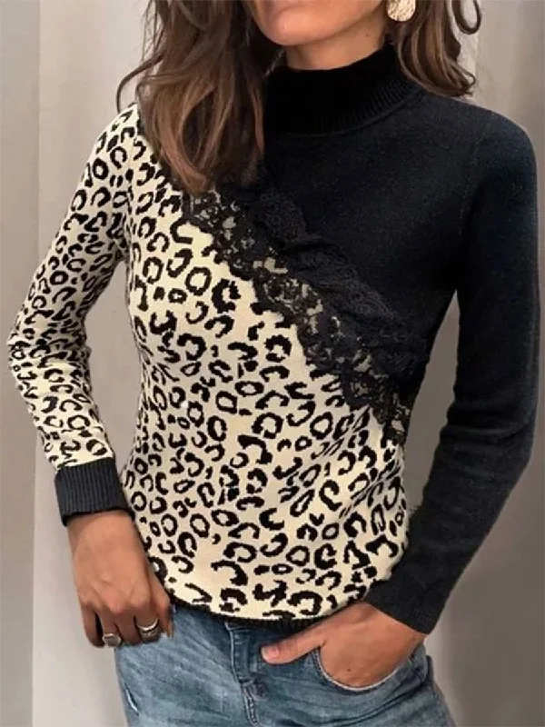 Leopard Print Paneled Turtleneck Long Sleeve Top