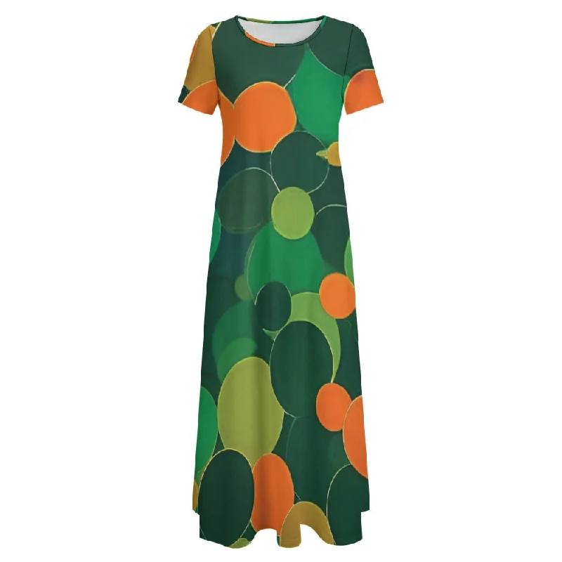 Orange and green ball pattern Neck Short Sleeve Dress (No Pockets)