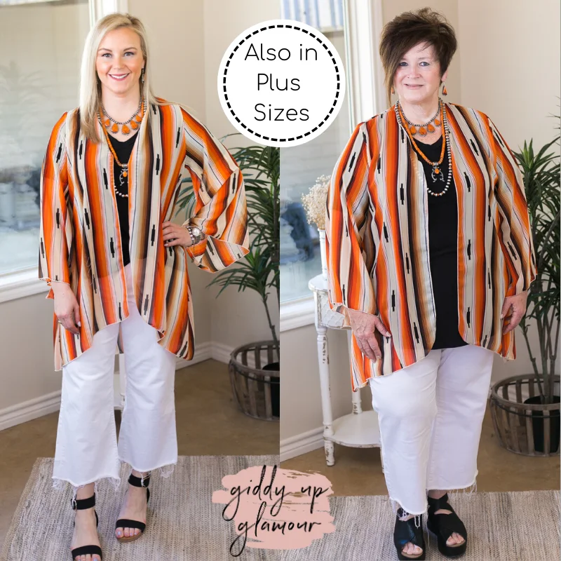 Southwestern Sunrise Serape Print Sheer Kimono in Orange and Beige