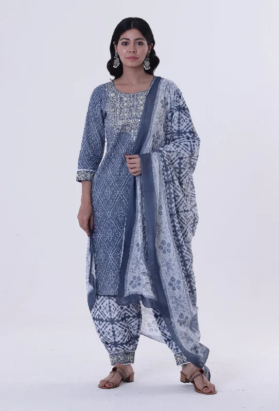 Set Of 3: Blue & White Block Printed Cotton Kurta, Pant & Dupatta