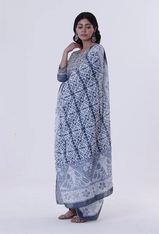 Set Of 3: Blue & White Block Printed Cotton Kurta, Pant & Dupatta