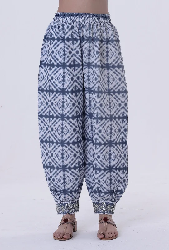 Set Of 3: Blue & White Block Printed Cotton Kurta, Pant & Dupatta