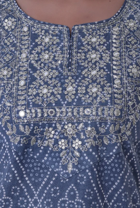 Set Of 3: Blue & White Block Printed Cotton Kurta, Pant & Dupatta