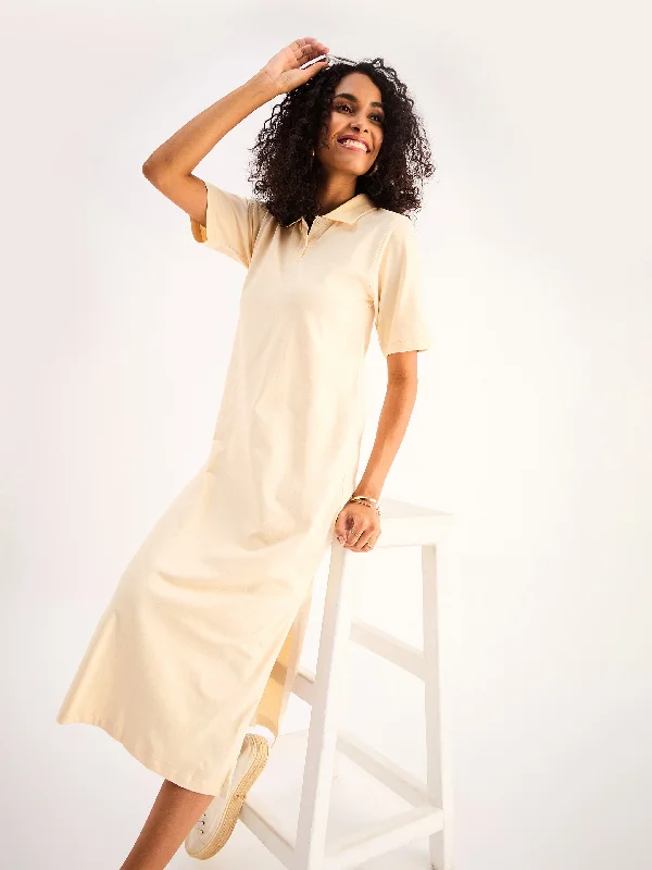 Women Beige Oversized Collar T-Shirt Dress