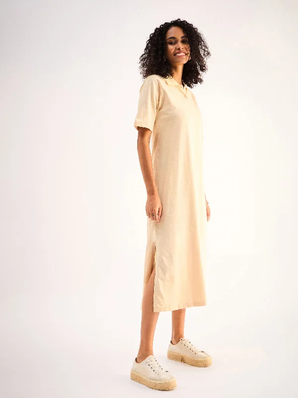 Women Beige Oversized Collar T-Shirt Dress