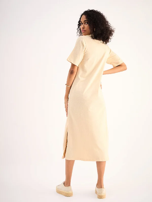 Women Beige Oversized Collar T-Shirt Dress