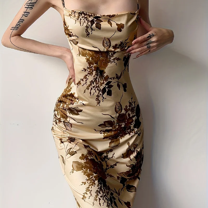 Sixsr Floral Print Spaghetti Strap Dress, Chic Backless Slim Dress, Women's Clothing