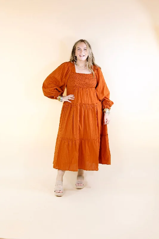 Sunshine And Cider Long Sleeve Tiered Midi Dress in Rust Orange