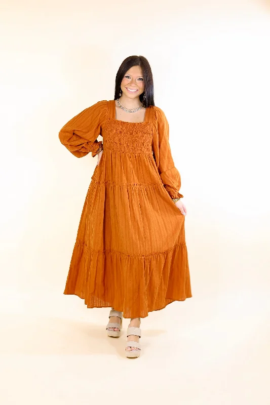 Sunshine And Cider Long Sleeve Tiered Midi Dress in Rust Orange