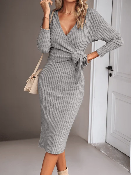 V-neck Long Sleeve Knit Dress