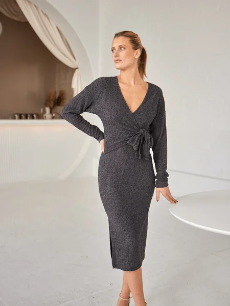 V-neck Long Sleeve Knit Dress