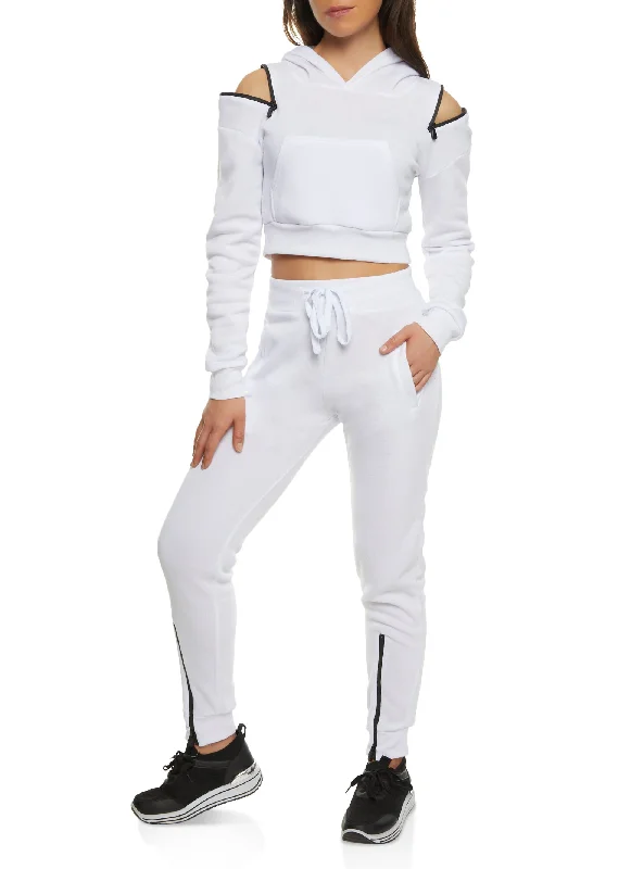 Zip Cold Shoulder Cropped Hoodie