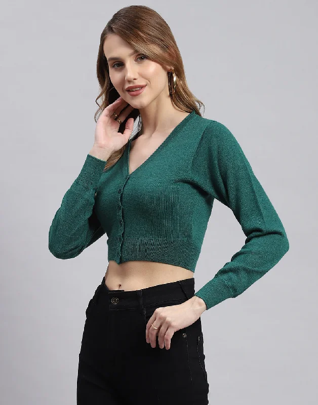 Women Green Solid V Neck Full Sleeve Sweater