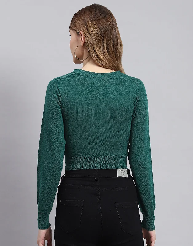 Women Green Solid V Neck Full Sleeve Sweater