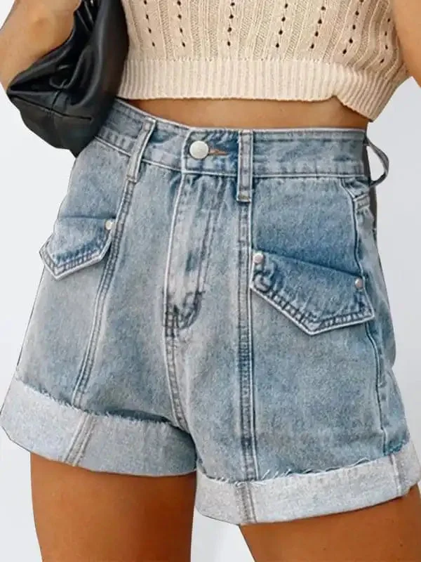 Women’s Casual Stitching Turnover Denim Shorts