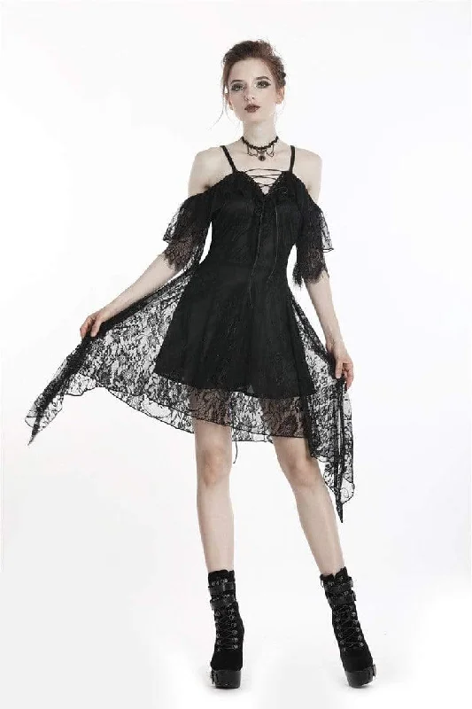 Women's Goth Off-Shoulder Lace Black Little Dress With Irregular Hem