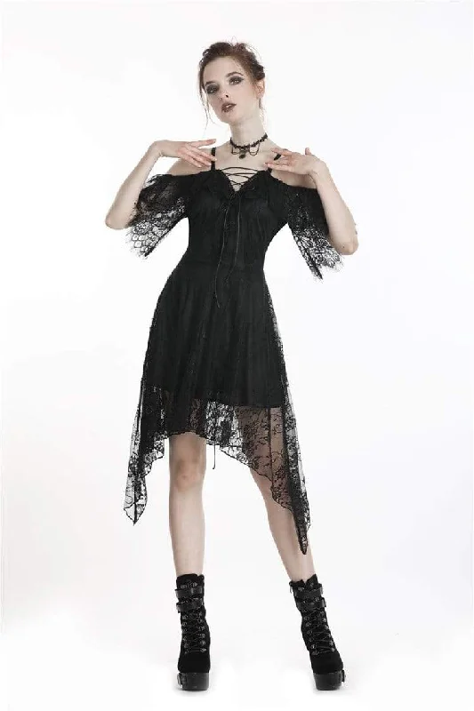 Women's Goth Off-Shoulder Lace Black Little Dress With Irregular Hem