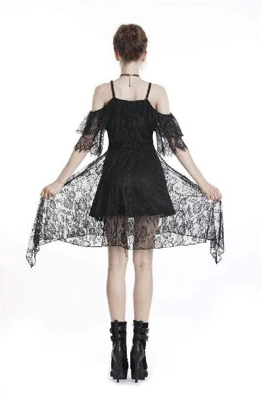 Women's Goth Off-Shoulder Lace Black Little Dress With Irregular Hem