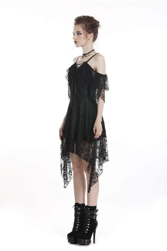 Women's Goth Off-Shoulder Lace Black Little Dress With Irregular Hem