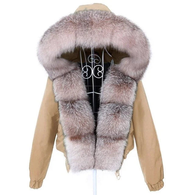 Women's Khaki color Full-Sleeved Natural Raccoon Fur Collared Winter Jacket