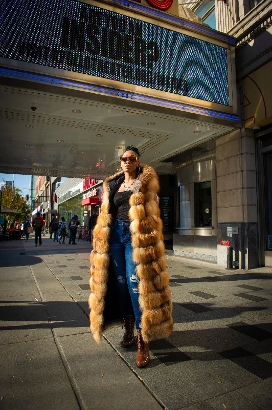 Women's Long Red Fox Fur Vest With Hood