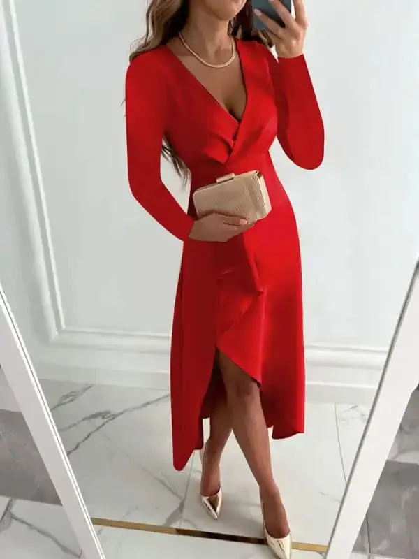 Women’s Long Sleeve V-Neck Gathered Hem Slit Dress