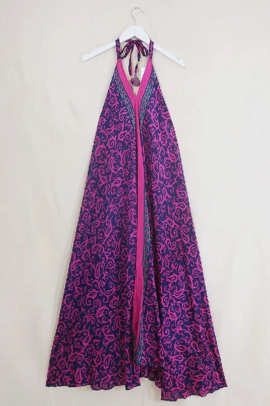 Athena Maxi Dress - Vintage Sari - Wild Berry Thorns - Free Size S/M