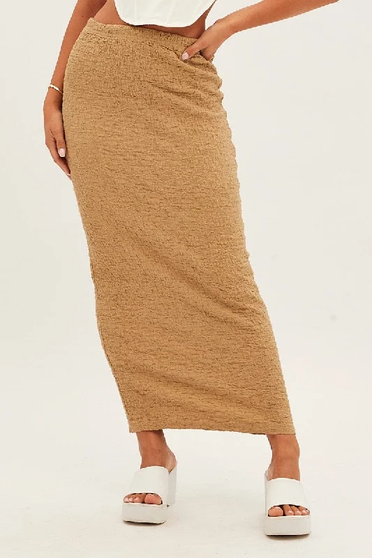 Beige Midi Skirt Elastic Waist Textured