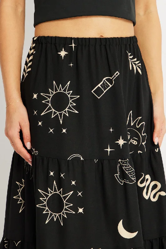 Black Abstract Maxi Skirt Tiered High Rise Elastic Waistband