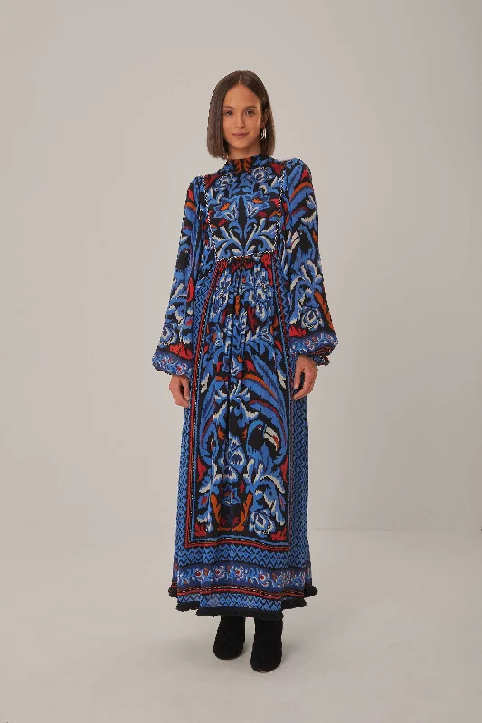 Black Toucans Scarf Long Sleeve Maxi Dress