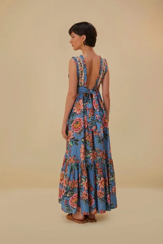 Blue Wonderful Bouquet Sleeveless Maxi Dress