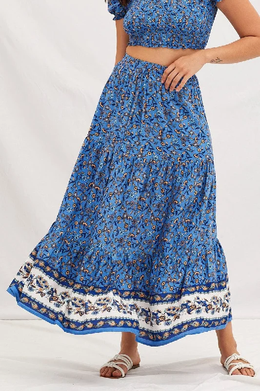 Boho Print Elastic Waist Boho Tiered Maxi Skirt