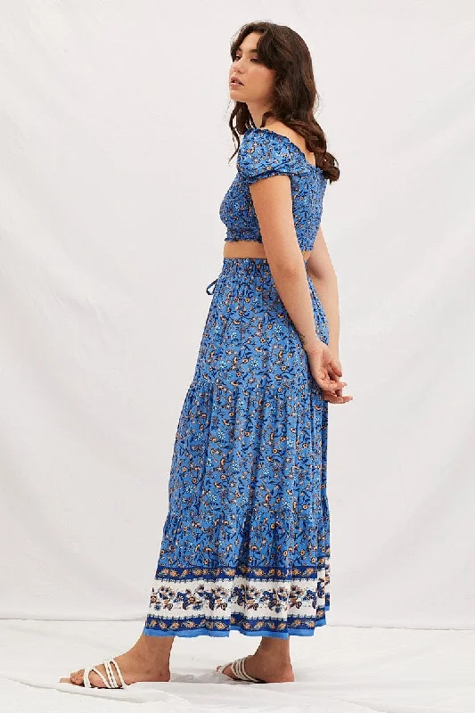 Boho Print Elastic Waist Boho Tiered Maxi Skirt