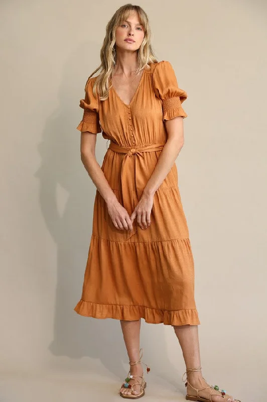 Button Down Tiered Midi Dress Style 2097 in Clay