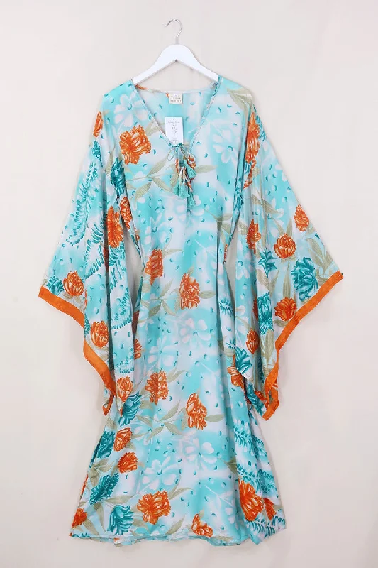 Cassandra Maxi Kaftan - Iced Blue & Orange Floral - Vintage Sari - Size L/XL