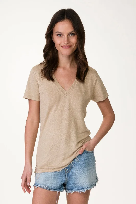 Taupe V Neck Linen Tee