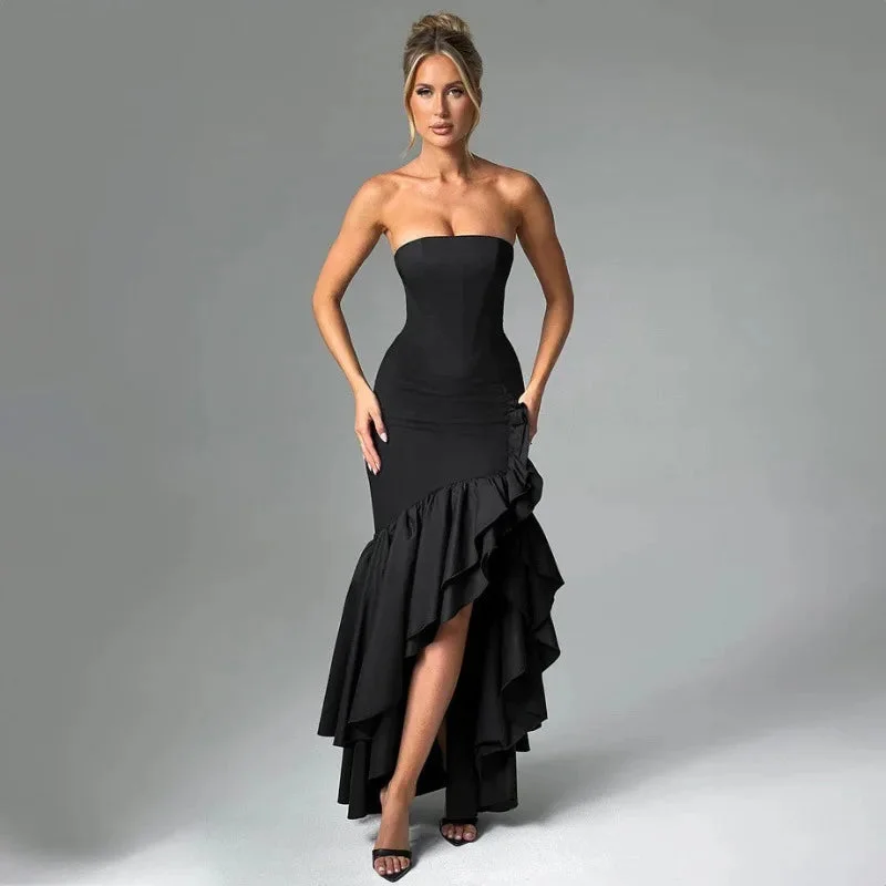 Ruffles Club Party Dress Women Summer High Split Bodycon Maxi Dress