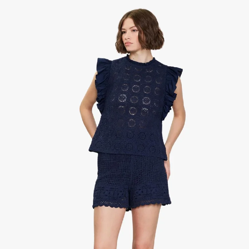 Crochet Flutter Sleeve Top (Navy)