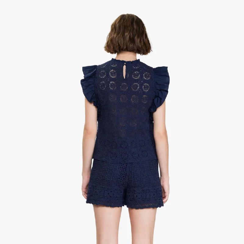 Crochet Flutter Sleeve Top (Navy)