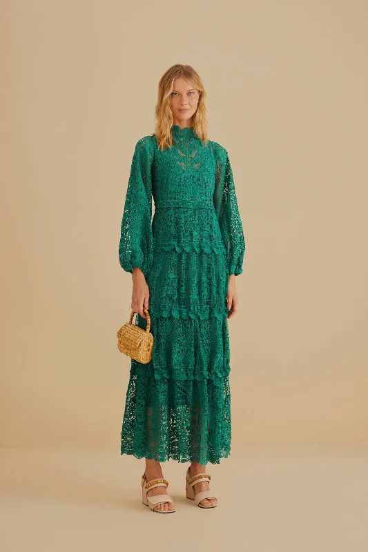 Dark Green Guipure Long Sleeve Maxi Dress