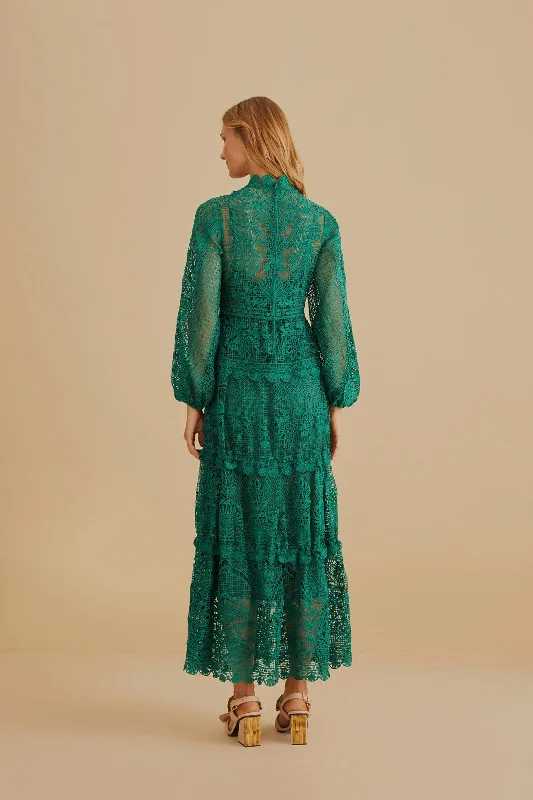 Dark Green Guipure Long Sleeve Maxi Dress