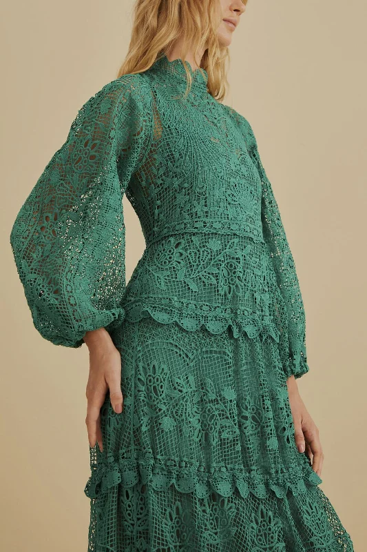 Dark Green Guipure Long Sleeve Maxi Dress