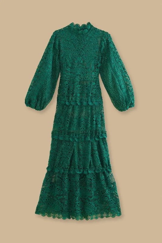 Dark Green Guipure Long Sleeve Maxi Dress