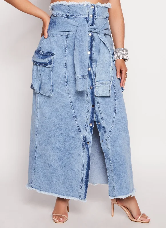 Plus Size Tie Waist Frayed Hem Denim Maxi Skirt